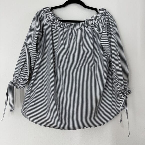 Potter's Pot Tops - Potters Pot Womens Blouse Top Shirt Medium Fit Off Shoulder Bow Sleeve Striped